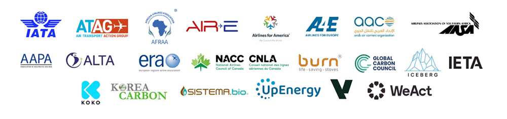 Logos of signatories of a joint statement at the 42nd ICAO Assembly calling for host country action to enable CORSIA compliance