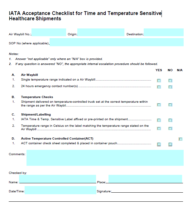 IATA Acceptance Checklist for Time and Temperature Sensitive Healthcare Shipments