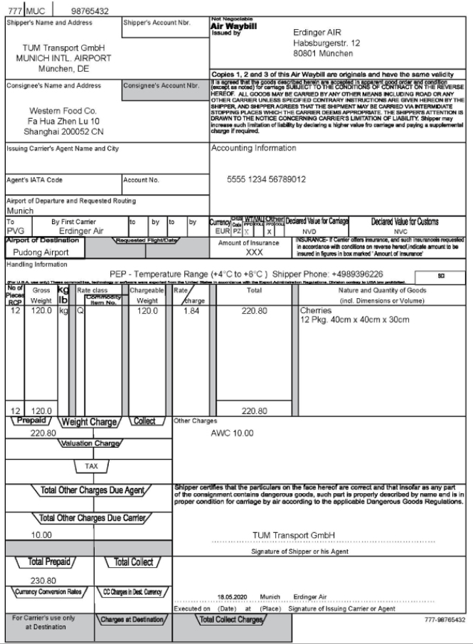 IATA Air Waybill Perishable Cargo