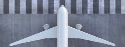 Aerial view of aircraft on runway