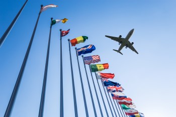 Plane flying over flags